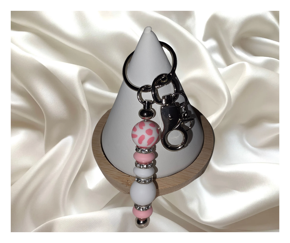 Pink Cow Silicone Beaded Keychain